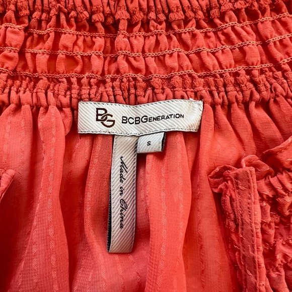 BCbgeneration Womens Top Small Orange Ruffle Neck Sheer Boho Beach Coastal 15183 - Picture 2 of 8